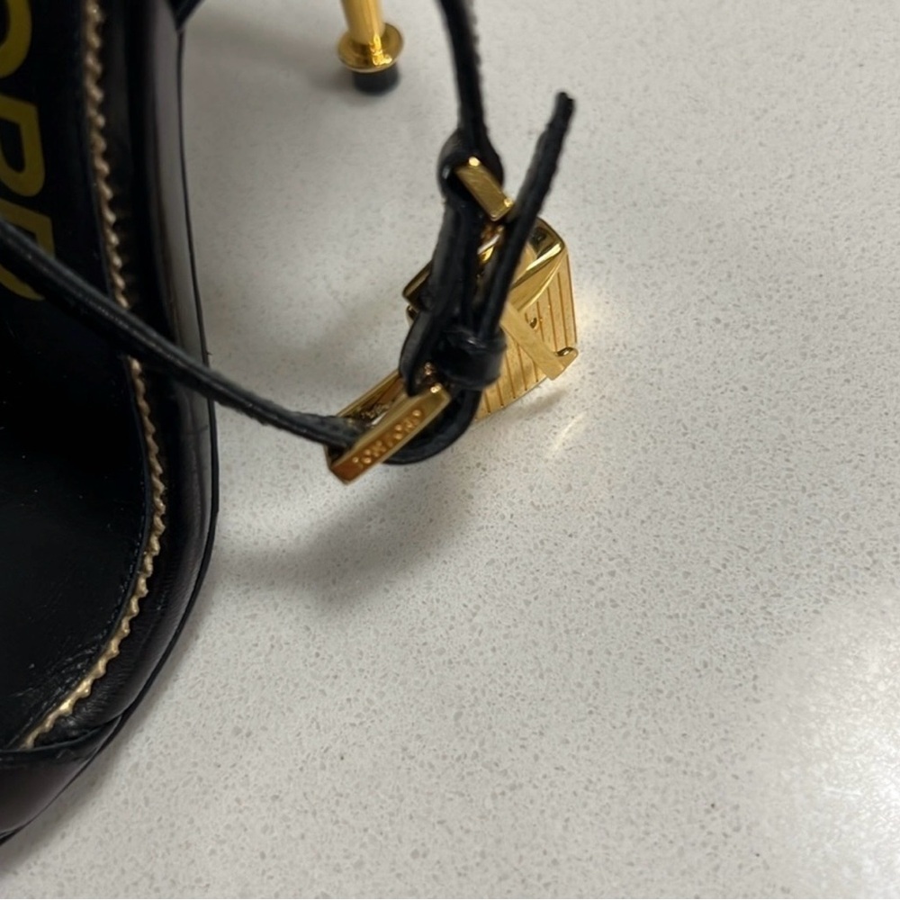 Tom Ford Black Leather Ankle-Strap Stiletto Sandals with Gold Heel - Picture 6 of 11